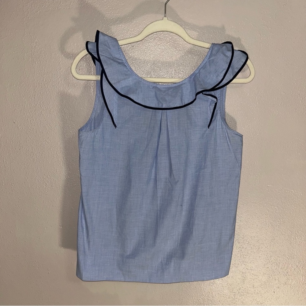 J. Crew Light Blue tank Top with ruffle Black Trim - Picture 1 of 3